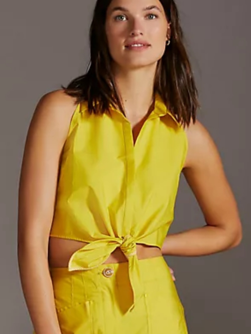 Maeve Bright Yellow Sleeveless Tie-Front Button Down Top